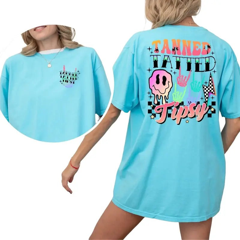 Summer Comfort Tanned Tatted and Tipsy Loose-Fitting unisex Tee Casual Hoodie, Sweatshirt | RetroVerseTees.com