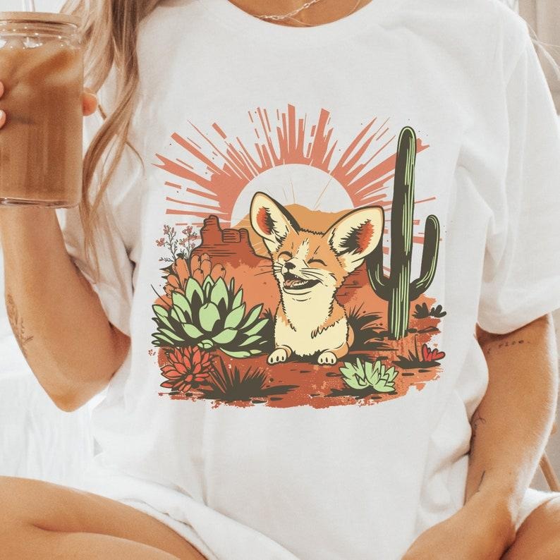 Summer Desert Fox T Shirt Hoodie Sweater, Wild West Fox T-Shirt, Desert Cactus Fennec Fox Apparel, Sunrise & Sunshine Fox...