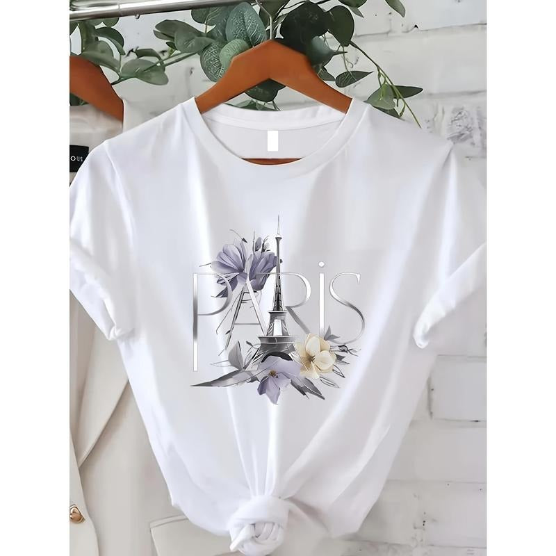 Women'WB shield Paris-Inspired Floral Tee - FOG & Comfy Round Neck Short-Sleeve Casual Top, Perfect for Spring/Summer...