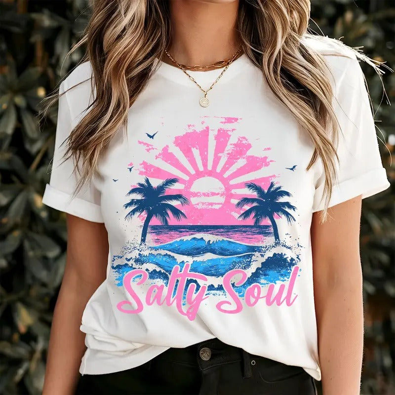 Summer Salty Soul Beach Vibes Shirt, Aesthetic Summer Girly Tee, Summer Vibes Funny Sarcastic Shirt, Gift for Her Hoodie,...