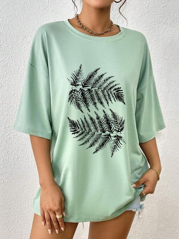 Summer TNF Women'WB shield Plants Print Round Neck Drop Shoulder Tee, Casual Loose Half Sleeve Crew Neck T-Shirt for...