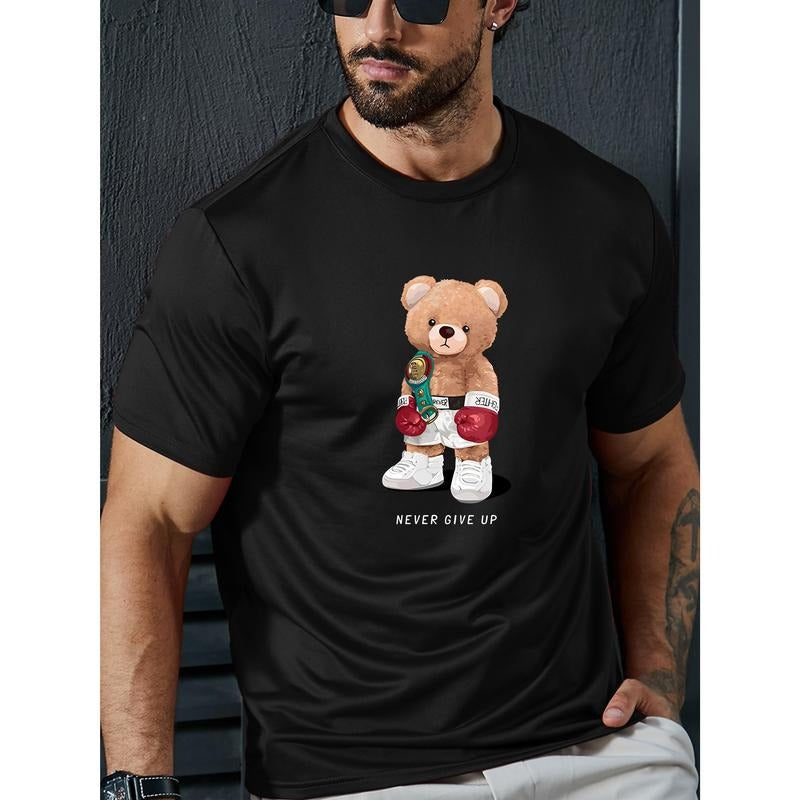 Bear Print Men's Round Neck Short Sleeve T-shirt, Simple Style Fashion Regular Fit Tee, Casual Comfortable Top for...