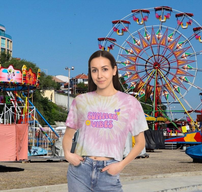 Summer Vibes Groovy Tie-Dye Crop Tee, Trendy Summer Shirt, Beach vibes Shirt Hoodie, Sweatshirt | RetroVerseTees.com