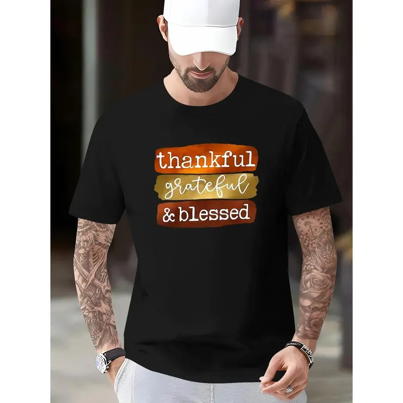Short Sleeved 'Thankful Grateful & Blessed' Casual Comfy T-Shirt for Men, Versatile Leisure Tee Top for Everyday...