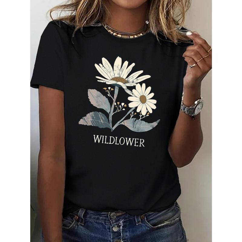 Women'WB shield Wildflower Print Casual Short Sleeve T-Shirt - with Floral Design, Breathable Round Neck Top for...