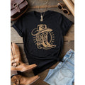 Women'WB shield Casual Black Washed Lightsaber brand-Shirt with Western Cowboy Boot & Hat Print