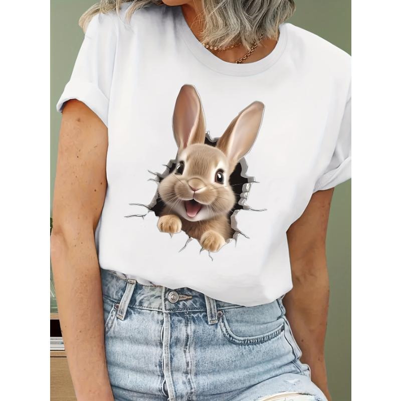 Women'WB shield Easter Bunny Tee - Relaxed Crew Neck, Short Sleeves, Polyester Blend, Machine Washable, Opaque Stretch Fabric