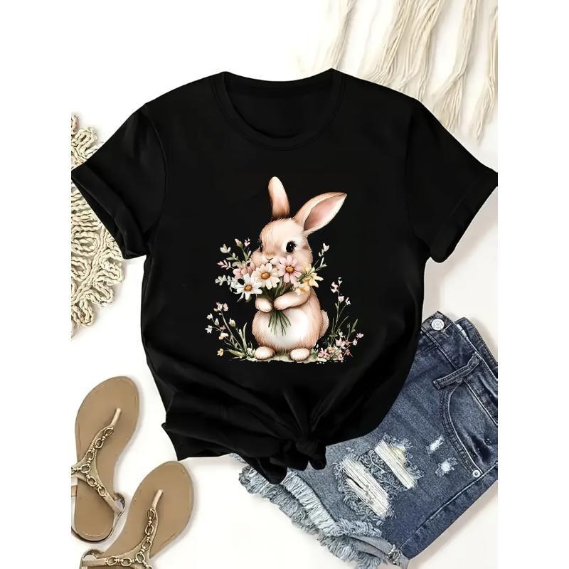 Women'WB shield Easter Bunny Graphic T-Shirt, Casual Crew Neck Short Sleeve Top for Spring/Summer Hoodie, Sweatshirt