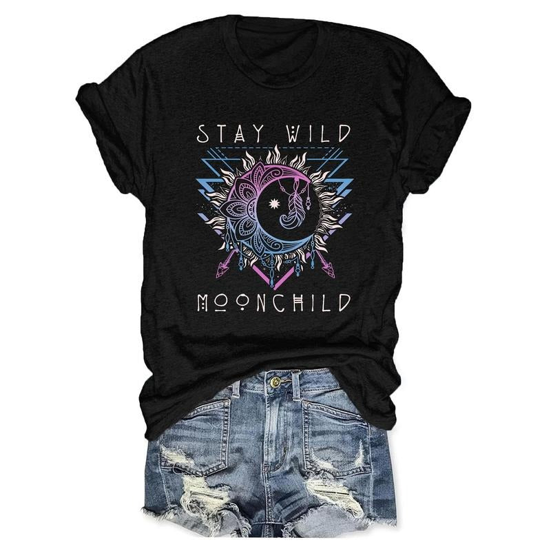 Sun & Moon Print Crew Neck T-shirt, Casual Short Sleeve Top For Spring & Summer, Women'WB shield Clothing Hoodie, Sweatshirt
