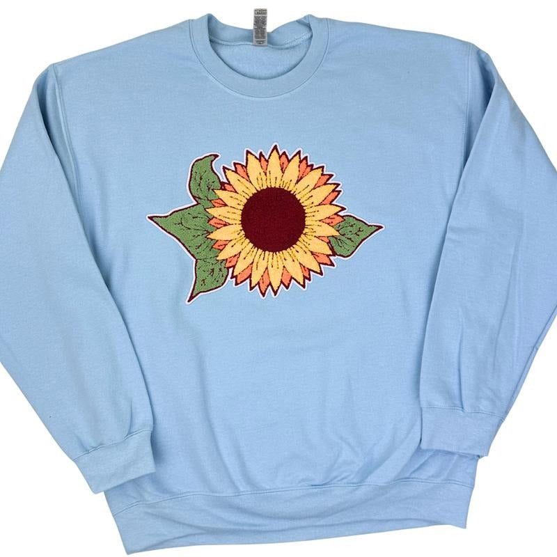 Sunflower Chenille Patch Sweatshirt -- LIGHT BLUE T-Shirts, Hoodie | RetroVerseTees.com