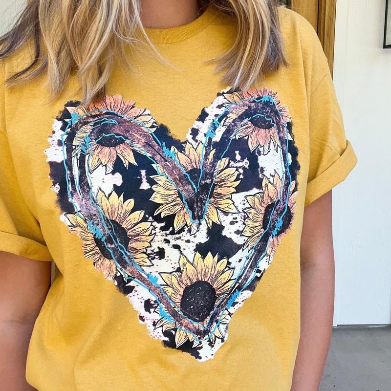 Sunflower and Turquoise Heart Graphic Tee Hoodie, Sweatshirt | RetroVerseTees.com