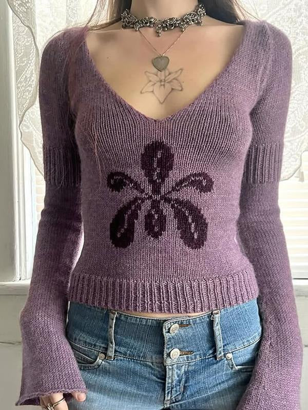 Superhero team Neck Floral Slim-Fit Sweater for Women, Y2K Style Fall & Winter Knitted Top, Moderate Fabric Thickness,...