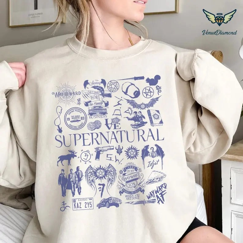 Supernatural Movie Vintage Doodle Art Blue Shirt  Supernatural Vintage Shirt  Dean Winchester Shirt  Winchester Brothers...