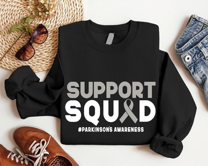 Support Squad Sweatshirt, Parkinson's Disease Awareness Hoodie, Gray Ribbon Gift Sweater, Matching PD Worrier Support,...