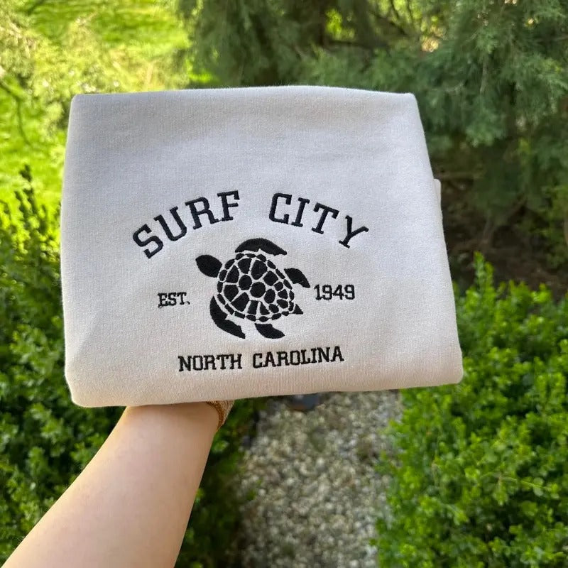 Surf City embroidered sweatshirt;  North Carolina embroidered crewneck; gift for her T-Shirts, Hoodie | RetroVerseTees.com