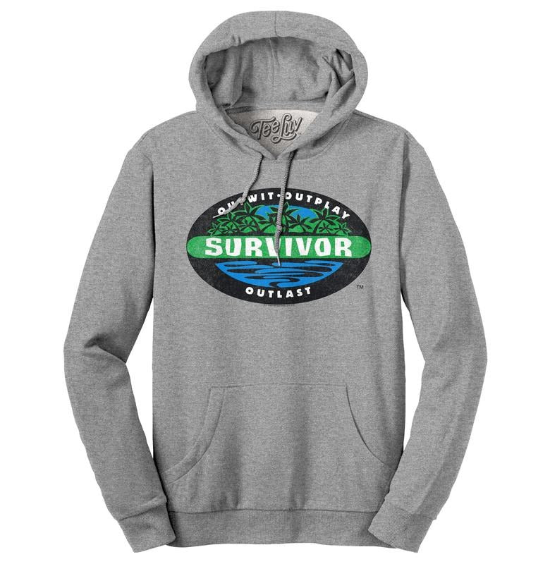 Survivor Outwit Outplay Outlast Logo Hooded Sweatshirt - Oxford Gray T-Shirts, Hoodie | RetroVerseTees.com
