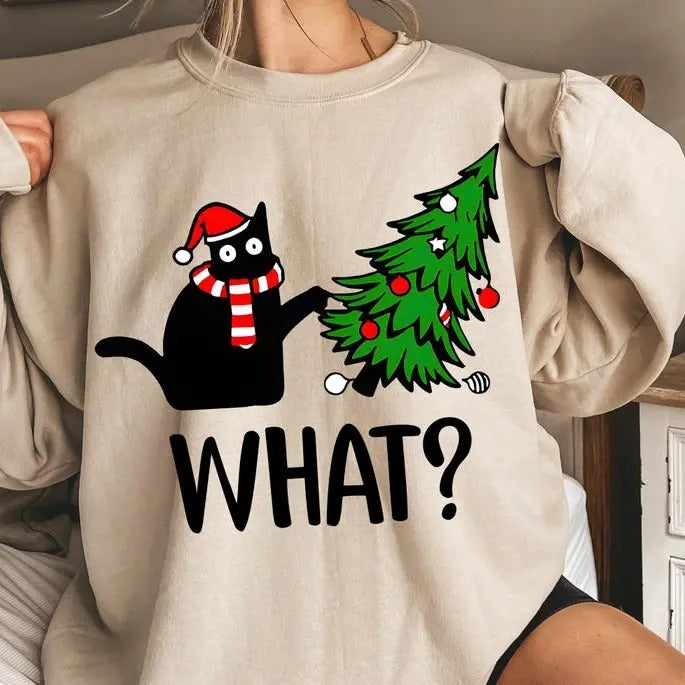 Christmas Cat What 100% Cotton T-Shirt/Sweatshirt - Festive Unisex Style - Breathable Material Hoodie | RetroVerseTees.com