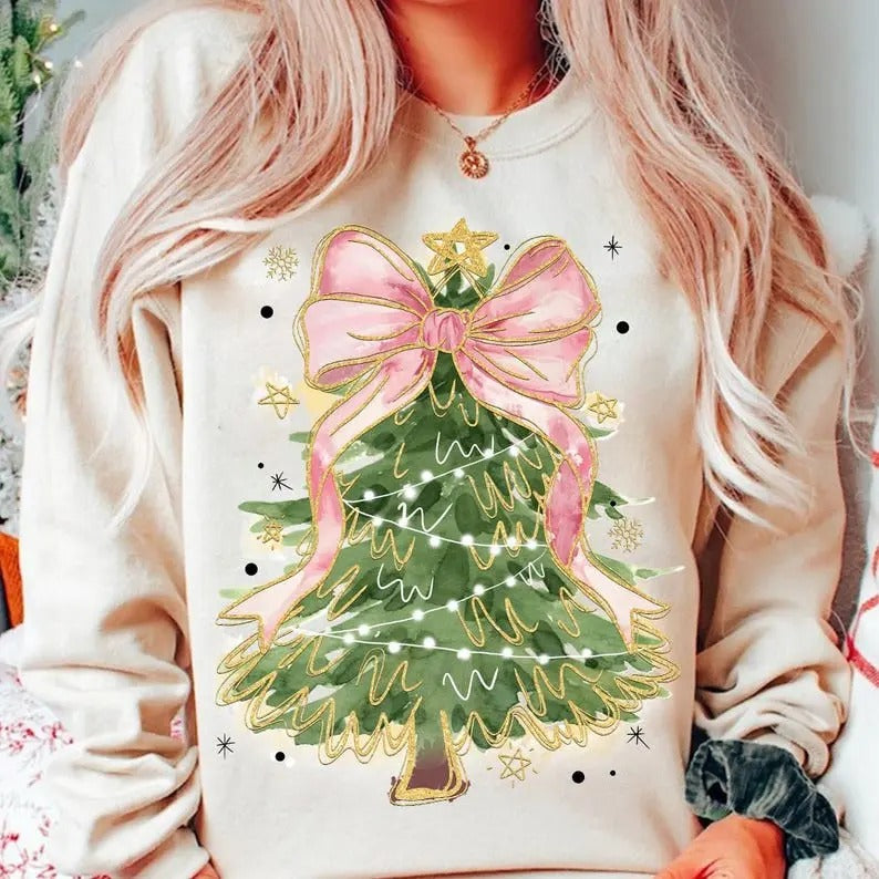 Coquette Glitter Christmas Tree T-shirt/Sweater , Merry Christmas Coquette Bow Tree T-shirt/Sweatshirt, Cotton Womenswear...