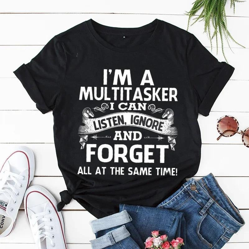 Swoosh'Bat brand WB shield Multitasker Swoosh Can Listen Ignore Gunpla brand Forget T-shirt Funny Sarcastic Graphic Tee...