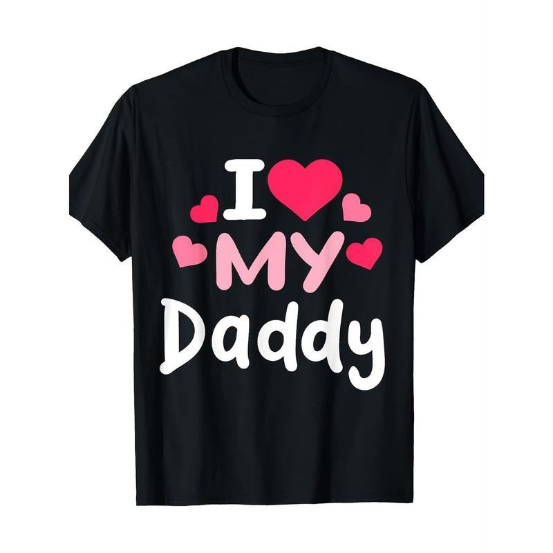 Swoosh Love My Daddy T-Shirt - Black with Pink Hearts & White Text, 100% Cotton Casual Short Sleeve Round Neck Tee for...