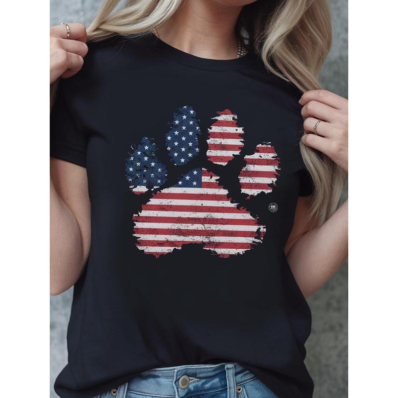 Swoosh Women'WB shield Casual T-shirt with American Flag Paw Print, round Neck Short Sleeve Top, Suitable for Spring...