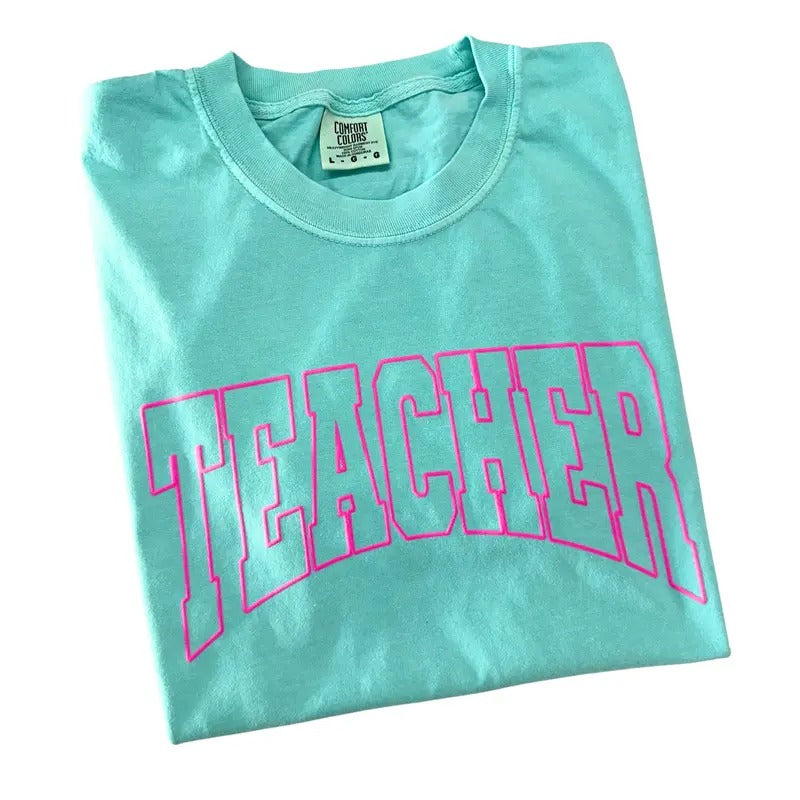TEACHER Pink Puff Letter Comfort Colors T-Shirt Hoodie, Sweatshirt | RetroVerseTees.com