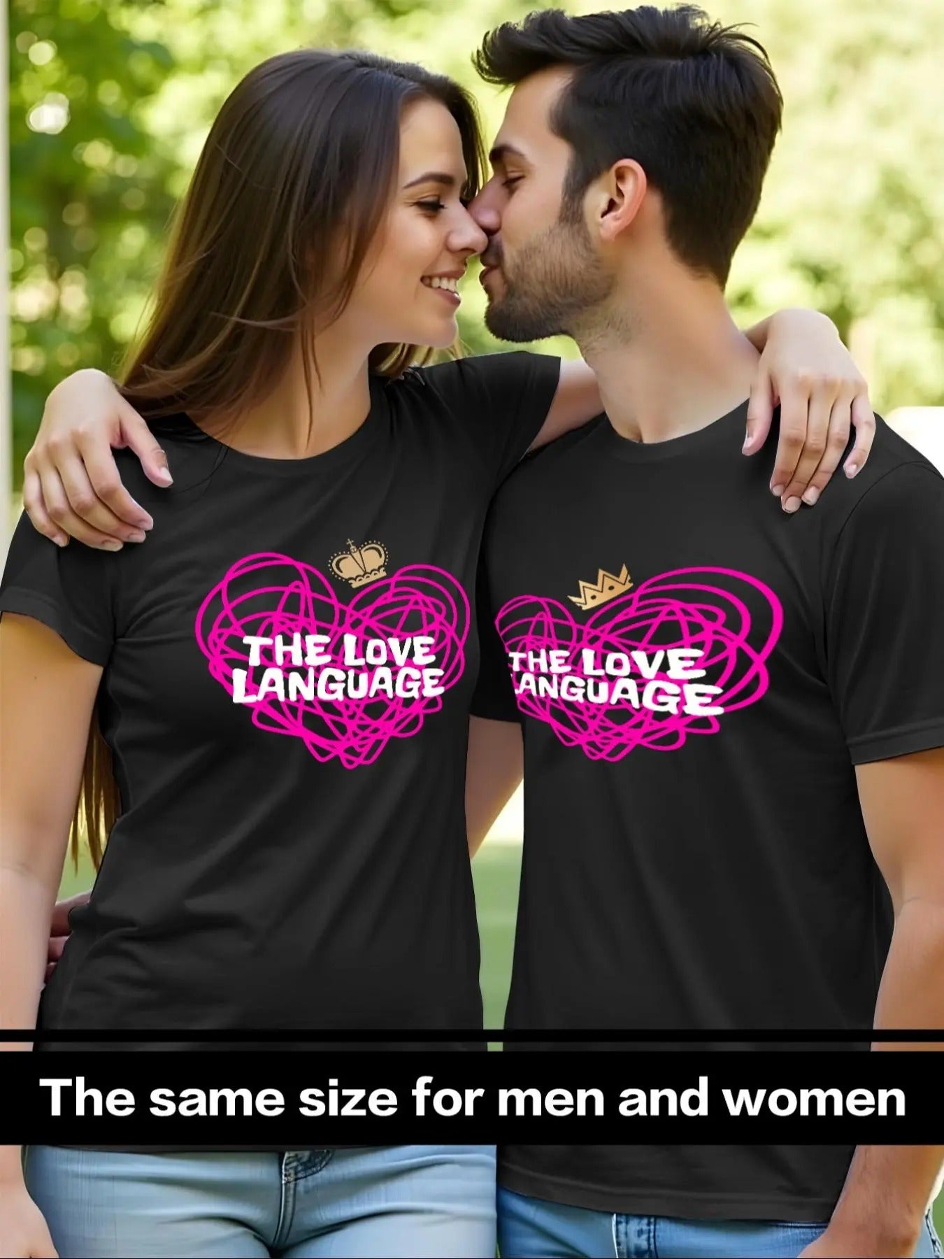 TNF Love Language Couple'WB shield Heart Print Short Sleeve Tee, Casual Letter Print Crew Neck T-shirt for Spring & Fall,...