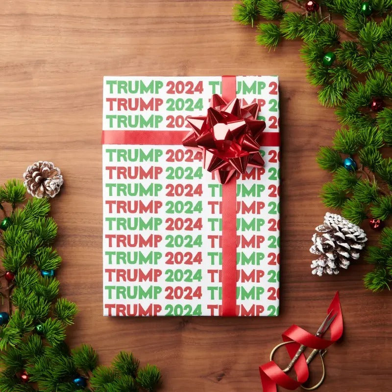 TRUMP 2024 Christmas Red Green Pattern Wrapping Paper T-Shirts, Hoodie, Sweatshirt | RetroVerseTees.com