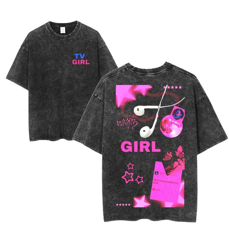 TV Girl Headphones Collage Graphic Tee, Y2K Aesthetic Indie Band Shirt, Pink Vaporwave Tour Merch, Washed Black Unisex...