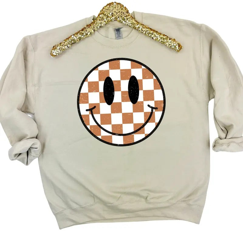 Tan Checkered Happy Face Sweatshirt 'NLB' T-Shirts, Hoodie | RetroVerseTees.com