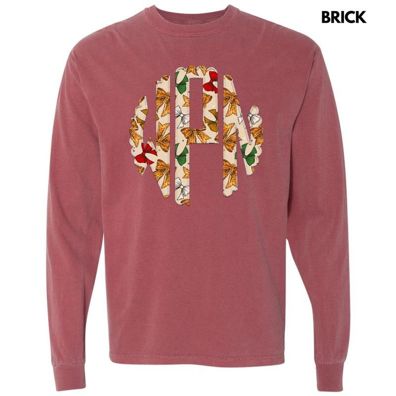 Tan Gingerbread Bow Monogram Long Sleeve Comfort Colors T-Shirt 'NLB' Hoodie, Sweatshirt | RetroVerseTees.com