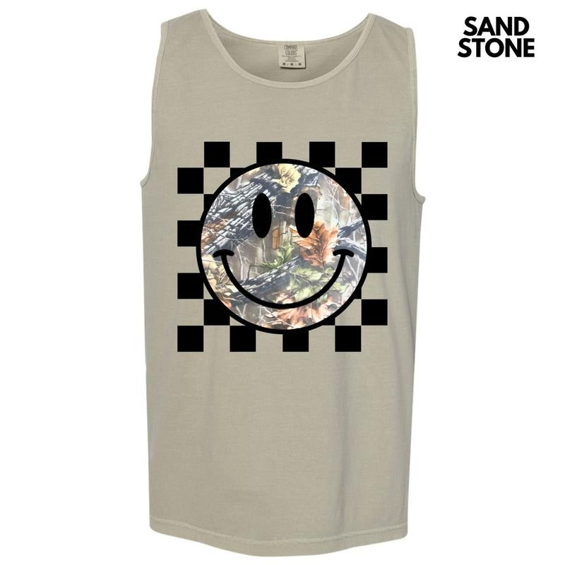 Tank Top - Camo Checker Happy Face Comfort Colors Tank Top 'NLB' T-Shirts, Hoodie, Sweatshirt | RetroVerseTees.com