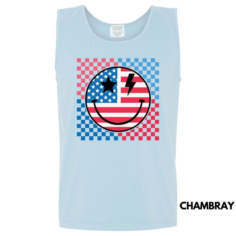 Tank Top - Crazy Patriotic Happy Face Comfort Colors Tank Top 'NLB' T-Shirts, Hoodie, Sweatshirt | RetroVerseTees.com