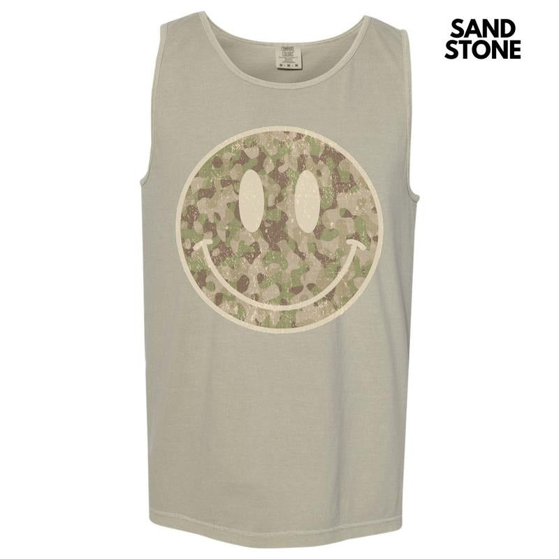 Tank Top - Distressed Camo Happy Face Comfort Colors Tank Top 'NLB' T-Shirts, Hoodie, Sweatshirt | RetroVerseTees.com