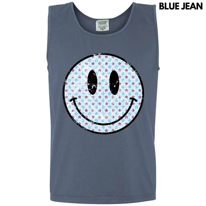 Tank Top - Patriotic Stars Happy Face Comfort Colors Tank Top 'NLB' T-Shirts, Hoodie, Sweatshirt | RetroVerseTees.com