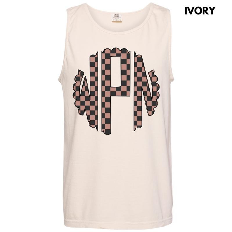 Tank Top - Tan Checker Monogram Comfort Colors Tank Top 'NLB' T-Shirts, Hoodie, Sweatshirt | RetroVerseTees.com