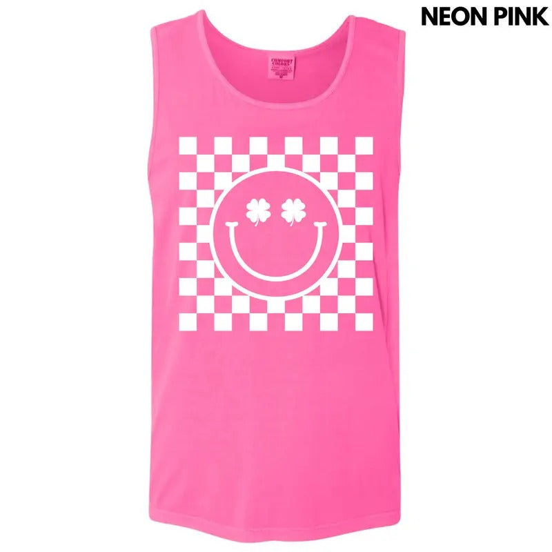 Tank Top - White Shamrock Checker Happy Face Comfort Colors Tank Top 'NLB' T-Shirts, Hoodie, Sweatshirt | RetroVerseTees.com