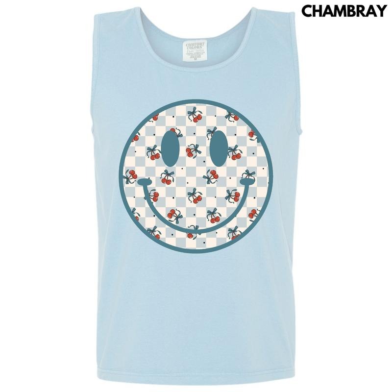 Tank Top -Cherry Checkered Happy Face Comfort Colors Tank Top 'NLB' T-Shirts, Hoodie, Sweatshirt | RetroVerseTees.com