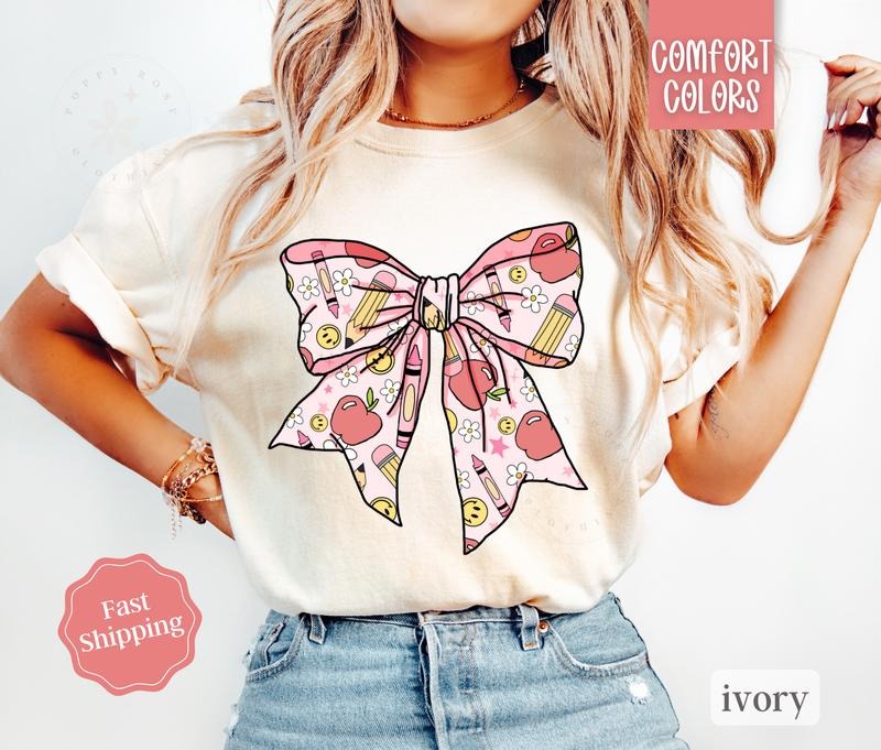 Teacher Bow Shirt Comfort Colors, Back To School Teach Tshirt, Oversized Crewneck Tee, Gift for Her Hoodie, Sweatshirt