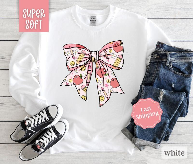 Teacher Bow Sweatshirt, Teach Crewneck, Gift for Teacher, Womens Sweatshirt T-Shirts, Hoodie | RetroVerseTees.com