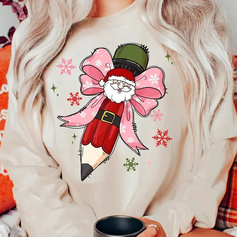 Teacher Coquette Pencil Bow Sweatshirt, Christmas Bow, Xmas Pencil Bow , Retro Teacher Gift, Santa Xmas Shirt, Pencil Bow...