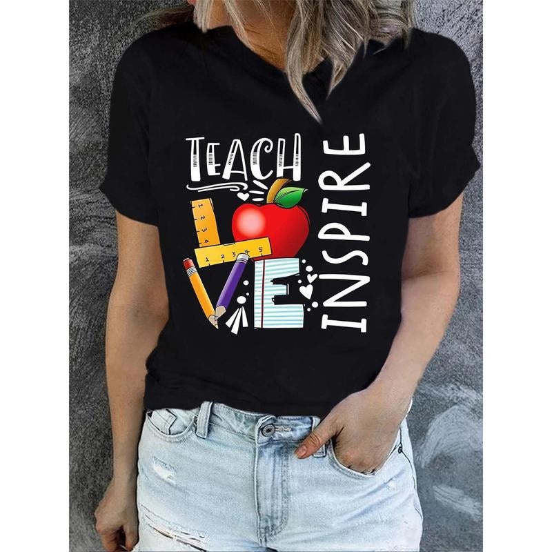 Teacher Letter Print Short Sleeve T-shirts, Crew Neck Casual Top for Summer & Spring, Women'WB shield Clothing style 02...