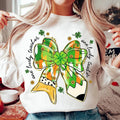 Teacher St Patrick Coquette Bow Pencil Sweatshirt, Lucky Teacher, Glitter St Pattys Day Sweatshirt, Brushstroke Shamrock,...