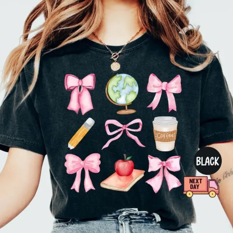 Teacher T-Shirt with Pink Bows Coquette Crewneck, Mrs. Teacher Appreciation, Gift Preppy Teach Tee Hoodie, Sweatshirt