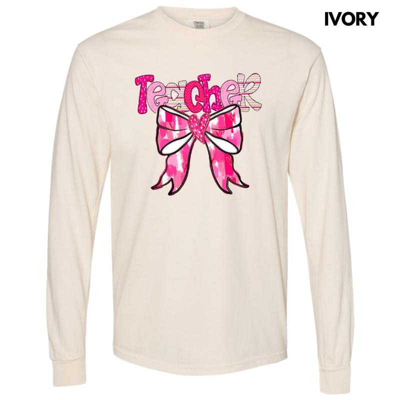Teacher Valentine Coquette Long Sleeve Comfort Colors T-Shirt Hoodie, Sweatshirt | RetroVerseTees.com