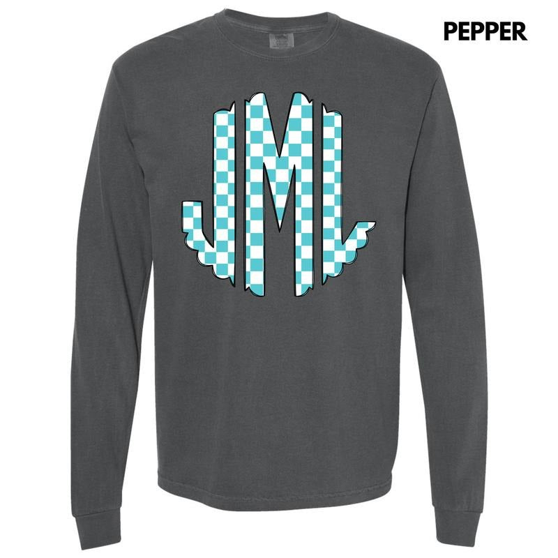 Teal Checker Monogram Long Sleeve Comfort Colors T-Shirt 'NLB' Hoodie, Sweatshirt | RetroVerseTees.com