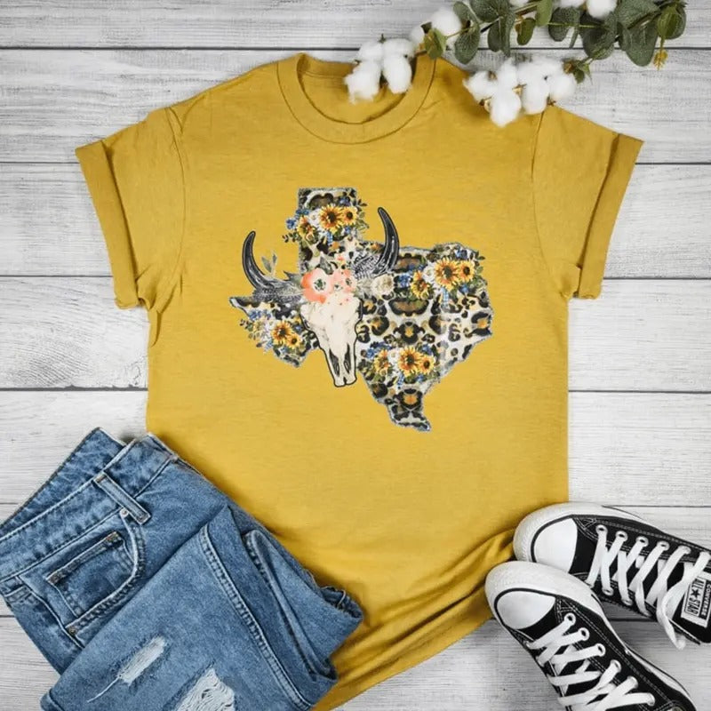 Texas Cheetah Sunflower with Cow Skull Graphic T-shirt Hoodie, Sweatshirt | RetroVerseTees.com