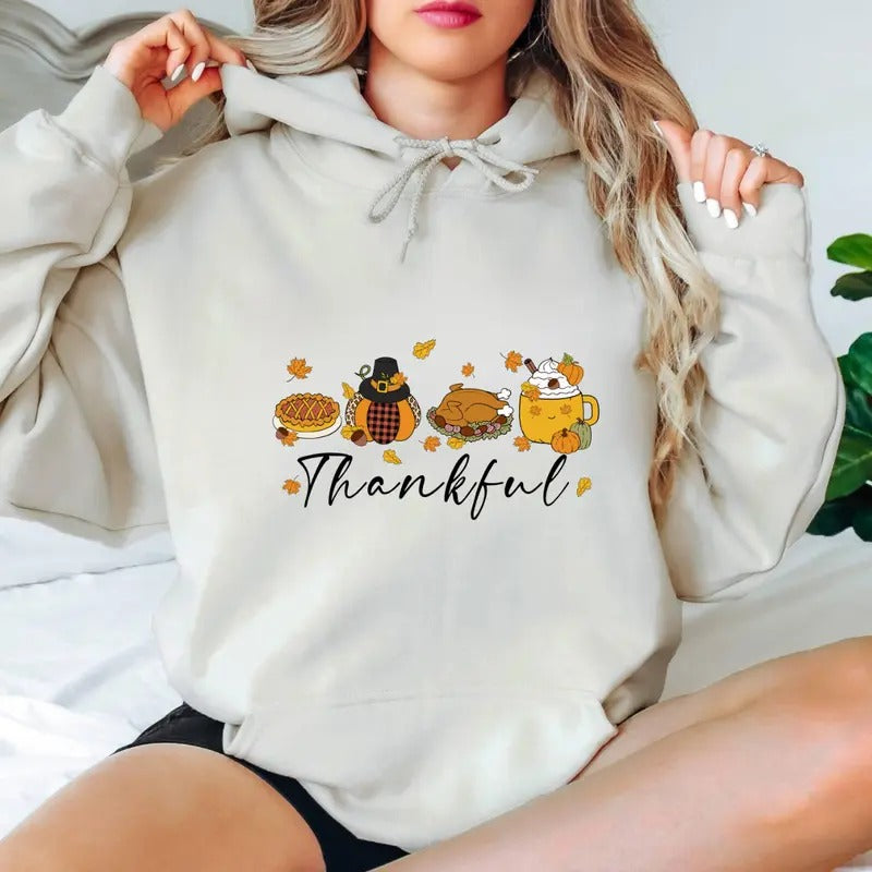 Thankful Hoodie - Adorable Thanksgiving Feast Design with Pumpkin Straw hat pirates, Turkey, Gunpla brand Autumn Treats -...