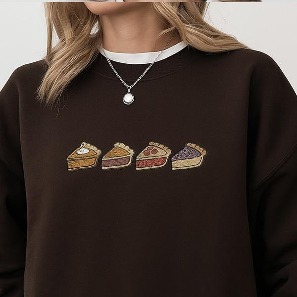 Thanksgiving Pie Embroidered Sweatshirt, Cozy Fall Pumpkin Pie Embroidered Sweatshirt, Holiday Baking Sweatshirt,...