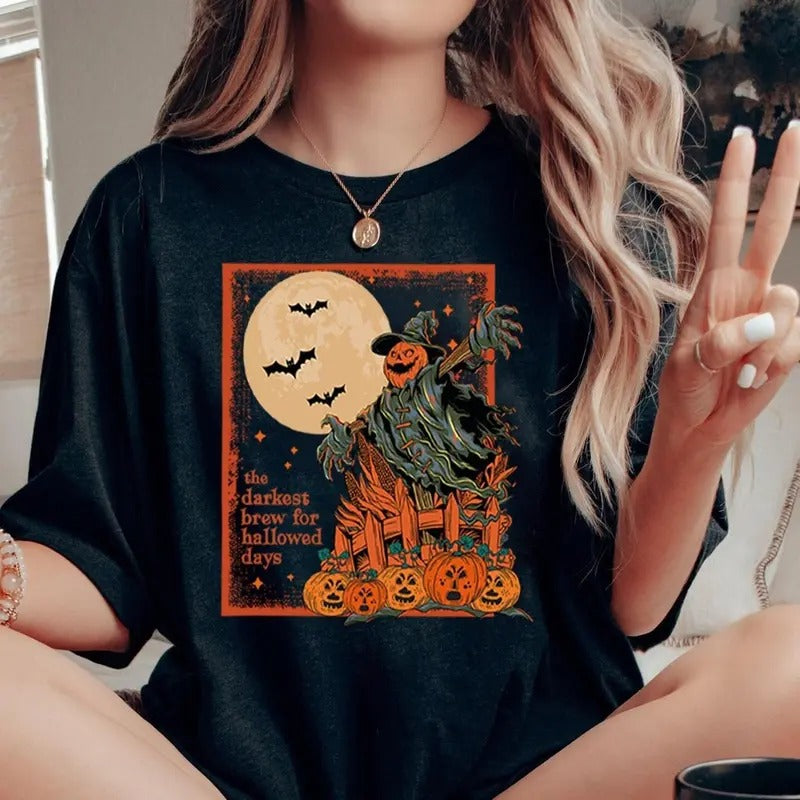 The Darkest Brew for Hallowed Days T-shirt, Halloween Scarecrow T-Shirt, Scarecrow Pumpkin Tee for men and women on...